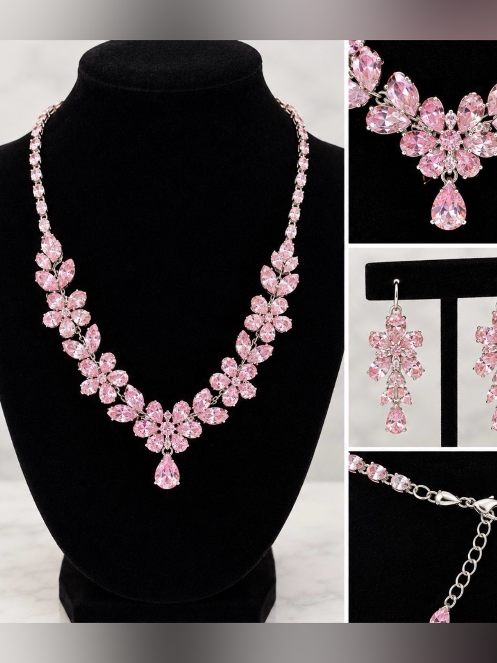 Pink Rhinestone Floral Vine Necklace & Earring Set